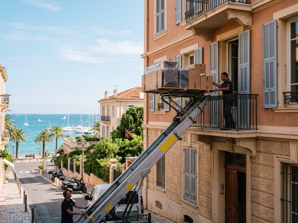 Un équipement de levage extérieur positionné devant le balcon d'une résidence pour faciliter la manutention des meubles en étage.