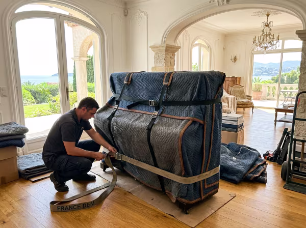Un piano droit protégé par des couvertures épaisses et préparé pour une manutention adaptée dans une villa de Saint-Raphaël.