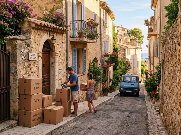 Préparation logistique et repérage des accès pour un déménagement dans une rue résidentielle de Saint-Raphaël.
