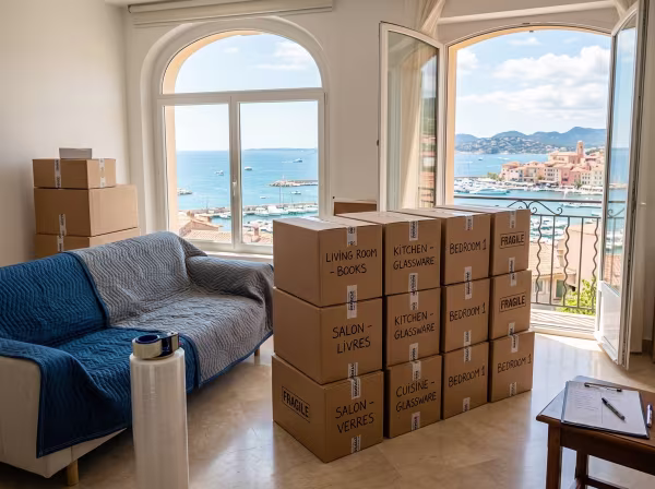 Préparation et emballage soigné de cartons dans un appartement lumineux à Saint-Raphaël pour un départ vers une autre région.