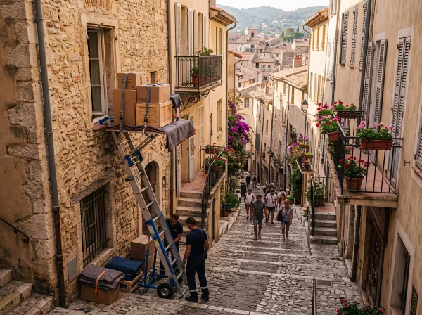Installation d'un monte-meuble sous la fenêtre d'un immeuble ancien dans une rue étroite du centre historique de Grasse.