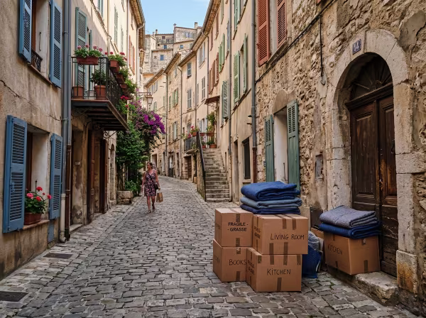 Des cartons de déménagement et des couvertures de protection préparés devant une porte dans une ruelle étroite et en pente du centre historique de Grasse.