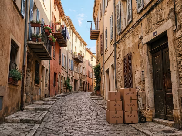 Ruelle en pente dans le centre historique de Grasse avec des cartons préparés devant une porte en bois.
