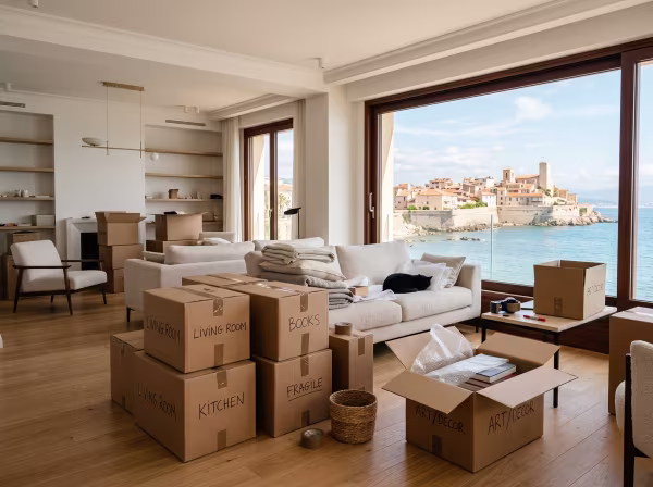 Intérieur d'un appartement lumineux à Antibes avec des cartons soigneusement préparés pour un déménagement.