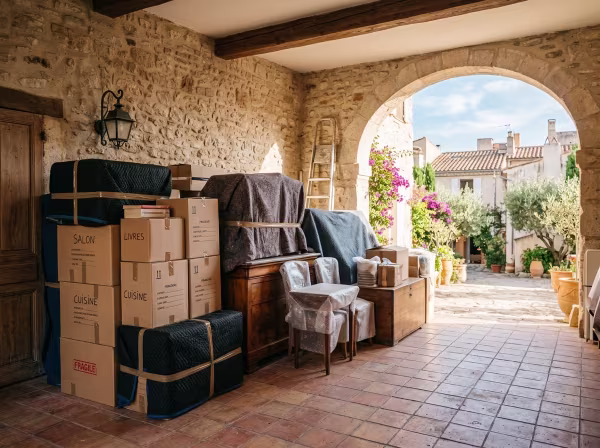 Cartons et meubles soigneusement protégés sous des couvertures dans un espace de stockage temporaire bien organisé.