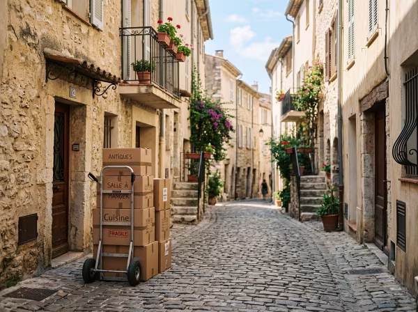 Matériel de portage et cartons de déménagement préparés dans une ruelle étroite du centre historique d'Antibes.
