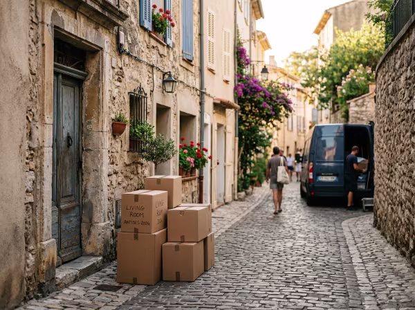 Des cartons de déménagement préparés devant une entrée dans une rue étroite d'Antibes pour anticiper l'accès du véhicule.