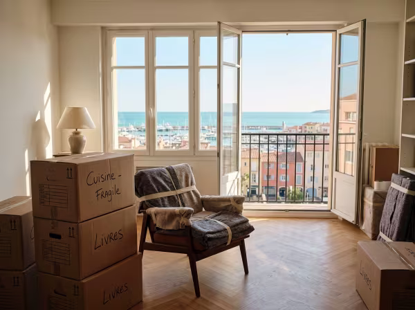 Cartons de déménagement soigneusement empilés et meubles protégés dans un appartement lumineux avec vue sur le port de Fréjus.