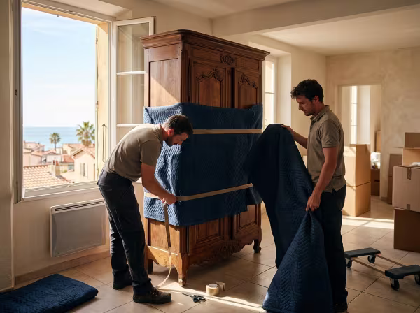 Des professionnels emballent soigneusement un meuble en bois avec des couvertures de protection dans un appartement lumineux avant un départ.
