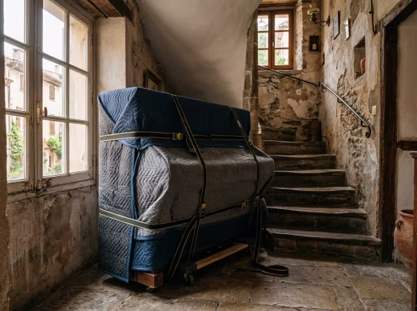 Un piano droit protégé par des couvertures épaisses préparé pour une manutention dans une maison de village à Fréjus.
