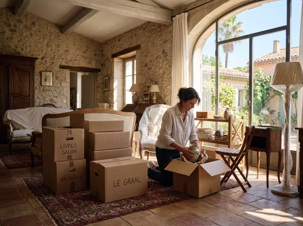 Des cartons soigneusement empilés dans un salon lumineux à Fréjus lors de la préparation et du tri des affaires avant un déménagement.