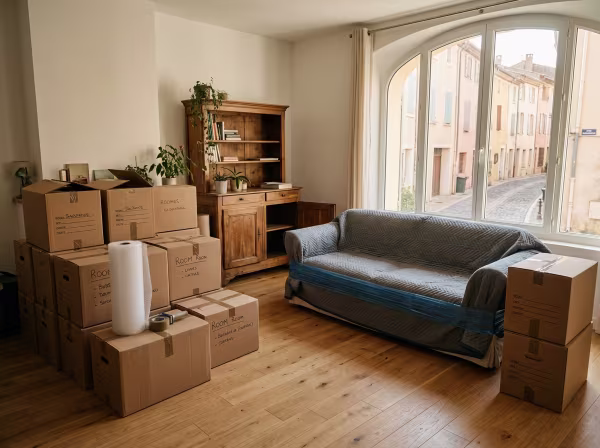 Cartons de déménagement soigneusement empilés et mobilier protégé dans un salon lumineux à Draguignan.