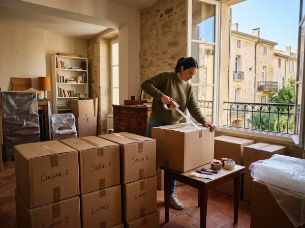 Préparation rapide de cartons dans un appartement lumineux à Draguignan pour un départ urgent.