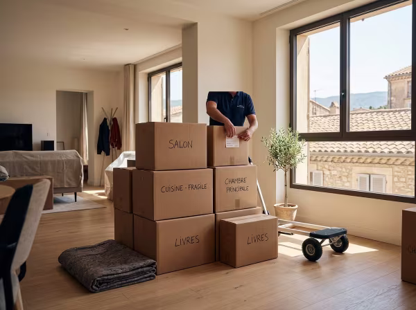 Cartons de déménagement soigneusement préparés dans un appartement lumineux à Draguignan pour une mutation professionnelle.