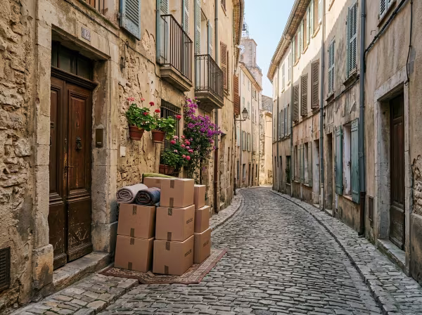 Cartons de déménagement préparés devant une porte en bois dans une ruelle étroite du centre historique de Draguignan.