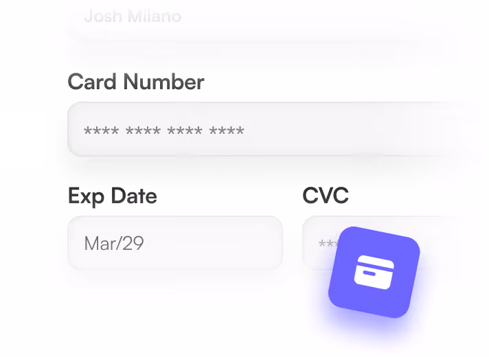 Online payment form fields for credit card number, expiration date set to March 2029, and obscured CVC code with a purple credit card icon nearby.
