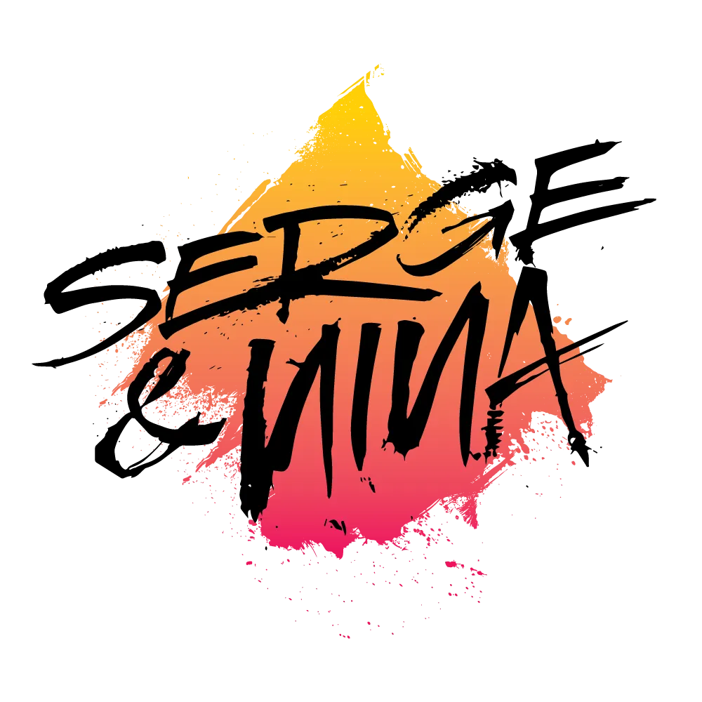 Logo mit einem orange-rosa Farbverlauf hinter dem Schriftzug Serge Nina in schwarzer, künstlerischer Schrift.