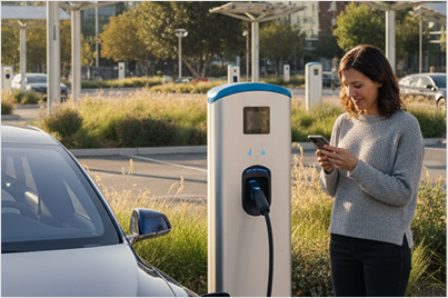 Woman in a gray sweater stands next to an electric vehicle charging station, holding a smartphone, with a silver car partially visible, outdoors during daytime.