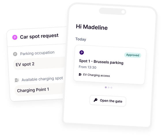 User interface on a mobile device showing a parking spot request for EV charging with details including spot name, time, and an approved status, along with an option to open the gate.