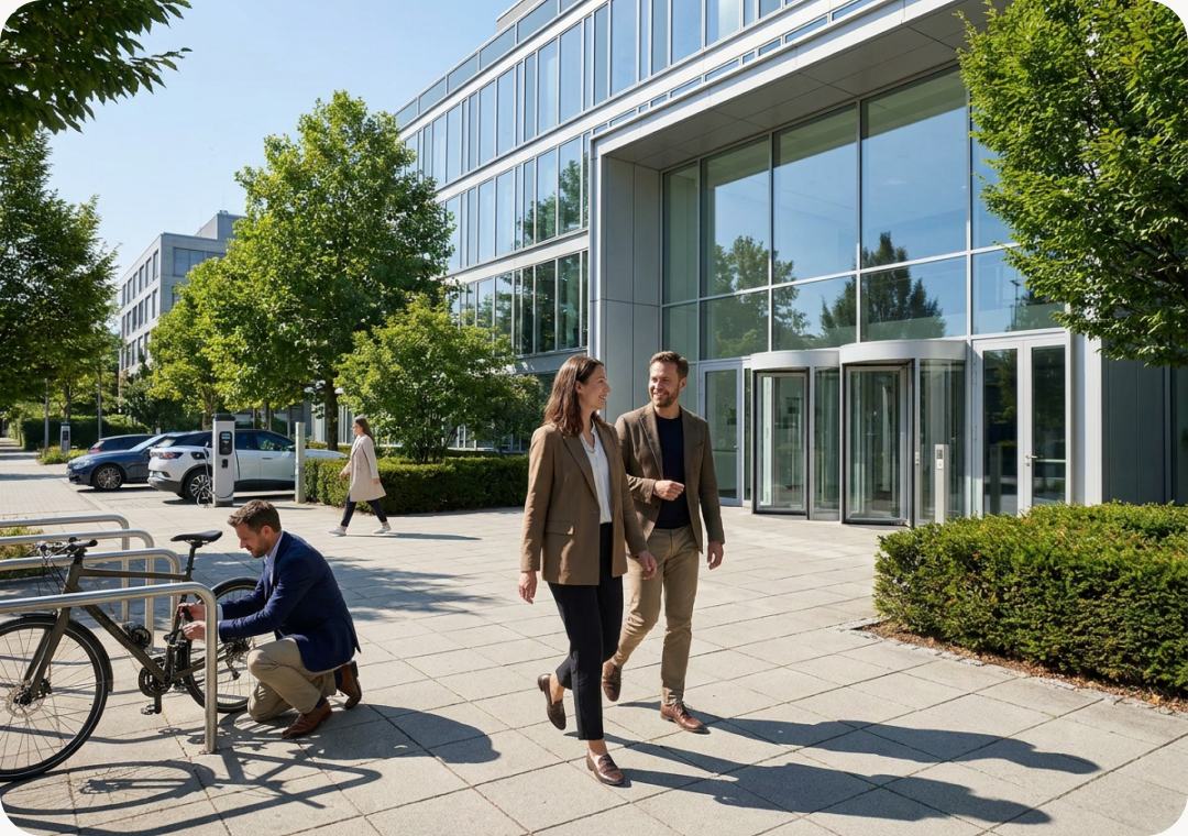 Two colleagues walking to a green office building entrance while another parks a bicycle in the rack, with an electric car charging nearby