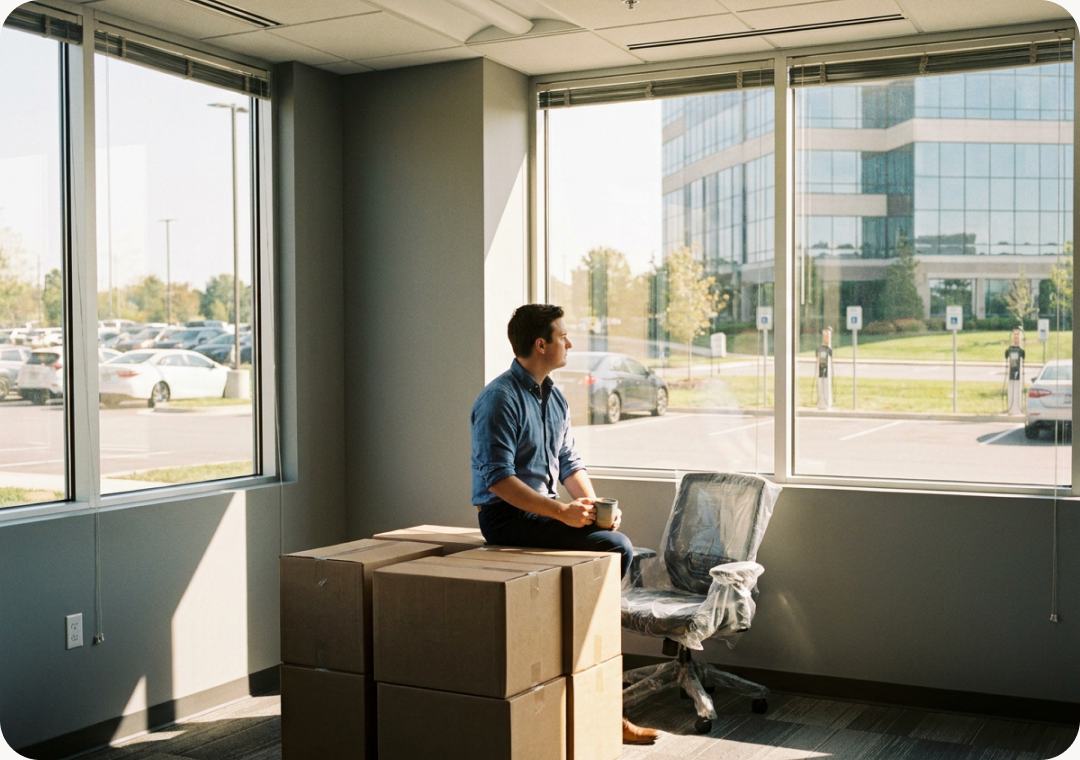 A man sitting on moving boxes with a coffee in an empty new office, looking out over the car park