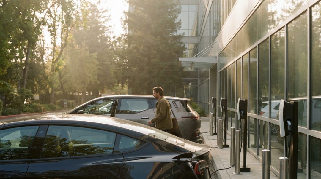 An electric car charging at a row of charging points beside an office building