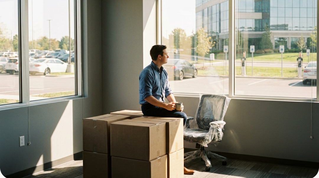 A man sitting on moving boxes in an empty new office overlooking the car park