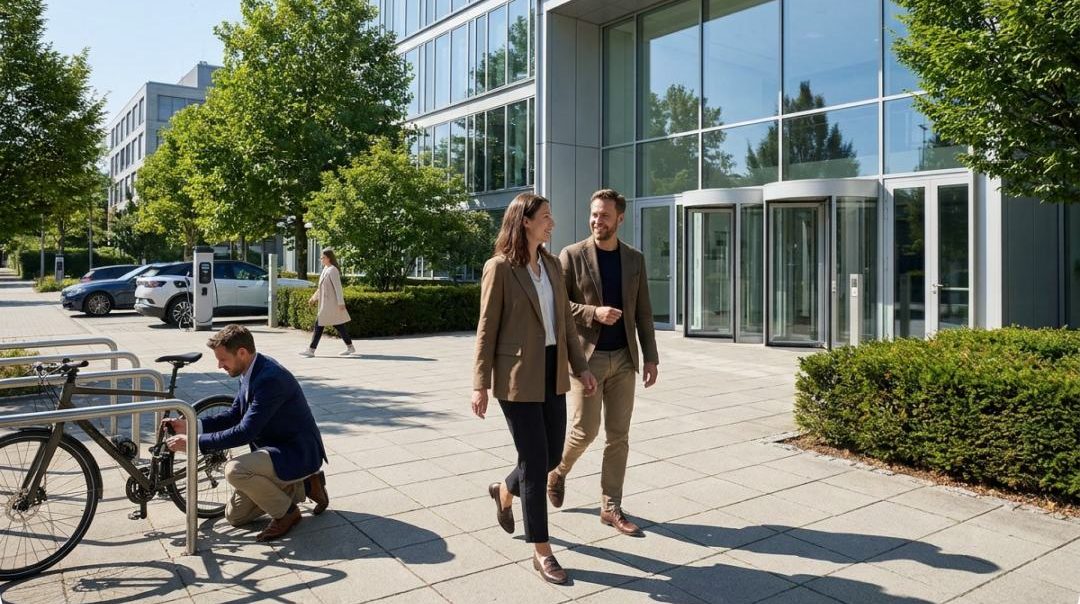 Two colleagues walking to a green office building entrance while another parks a bicycle