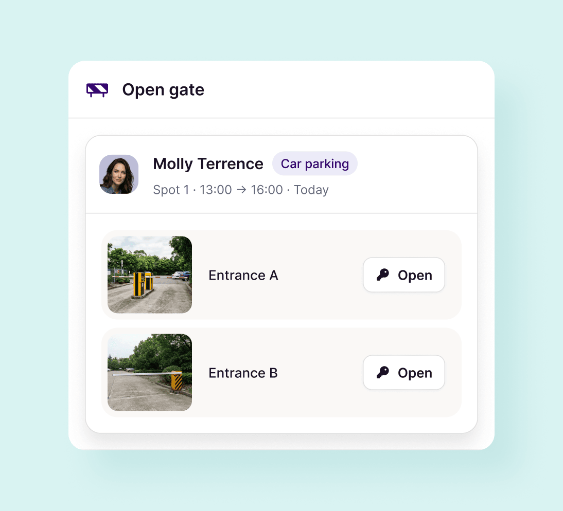 Commuty open gate screen letting a driver with a booked spot open either of the building's two entrance barriers from the app