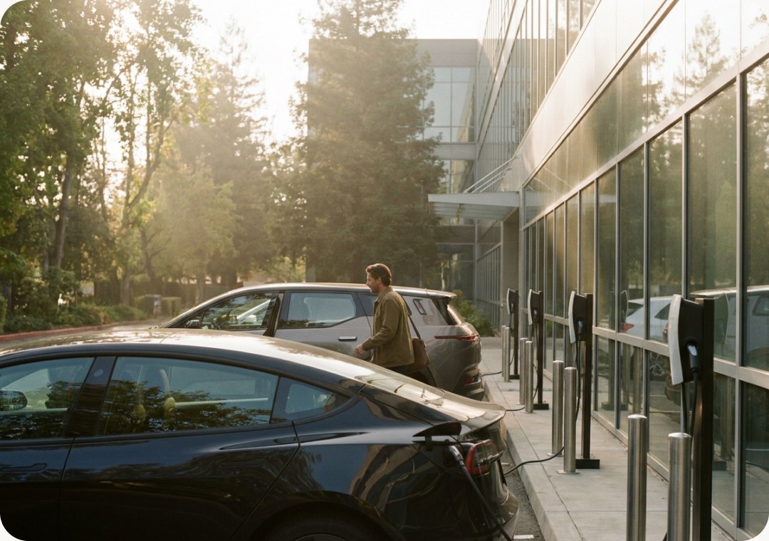 A man walking back to his car past a row of charging points outside a glass office building in early morning light