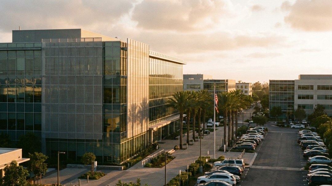 An office building at sunset with rows of parked cars filling the shared car park in front of it