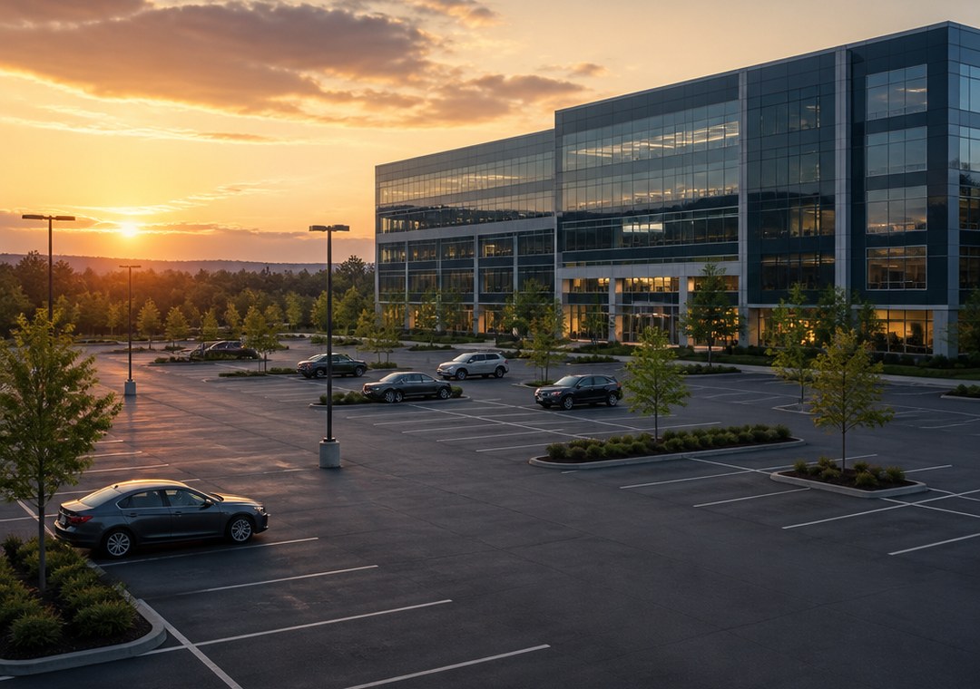 An office building at sunset with a near-empty car park in front of it