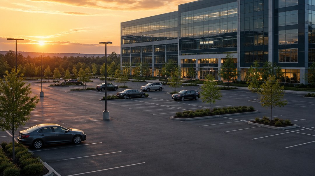 An office building at sunset with a near-empty car park in front of it