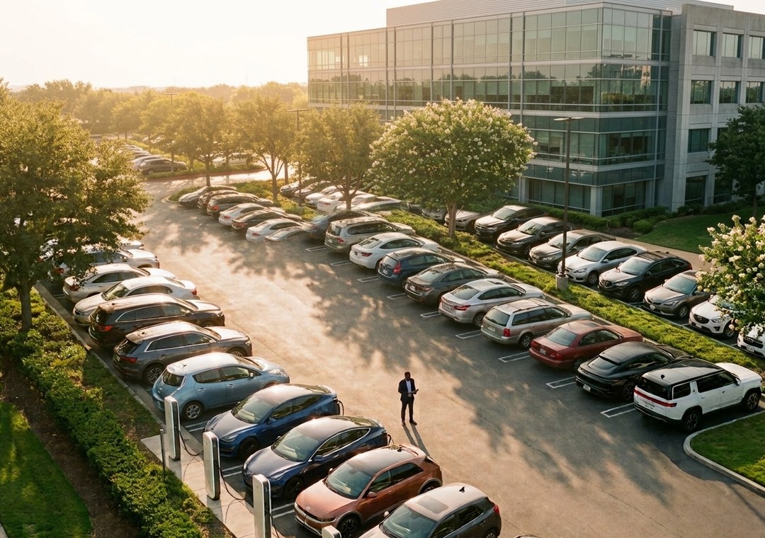 An office building at sunrise with its car park seen from above, rows of parked cars and EV chargers in the foreground