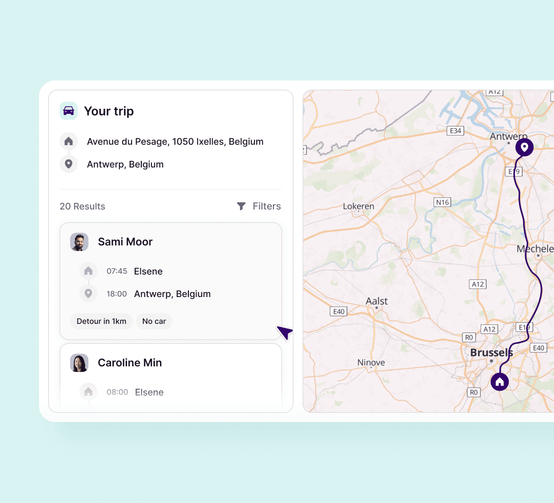 Commuty carpool matching screen listing colleagues on the same route, with the shared trip drawn on a map