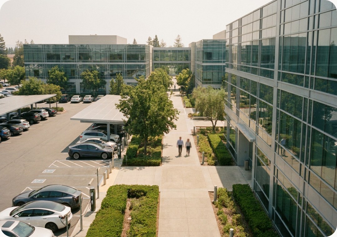 Aerial view of an office campus with a car park and EV charging spaces between glass buildings