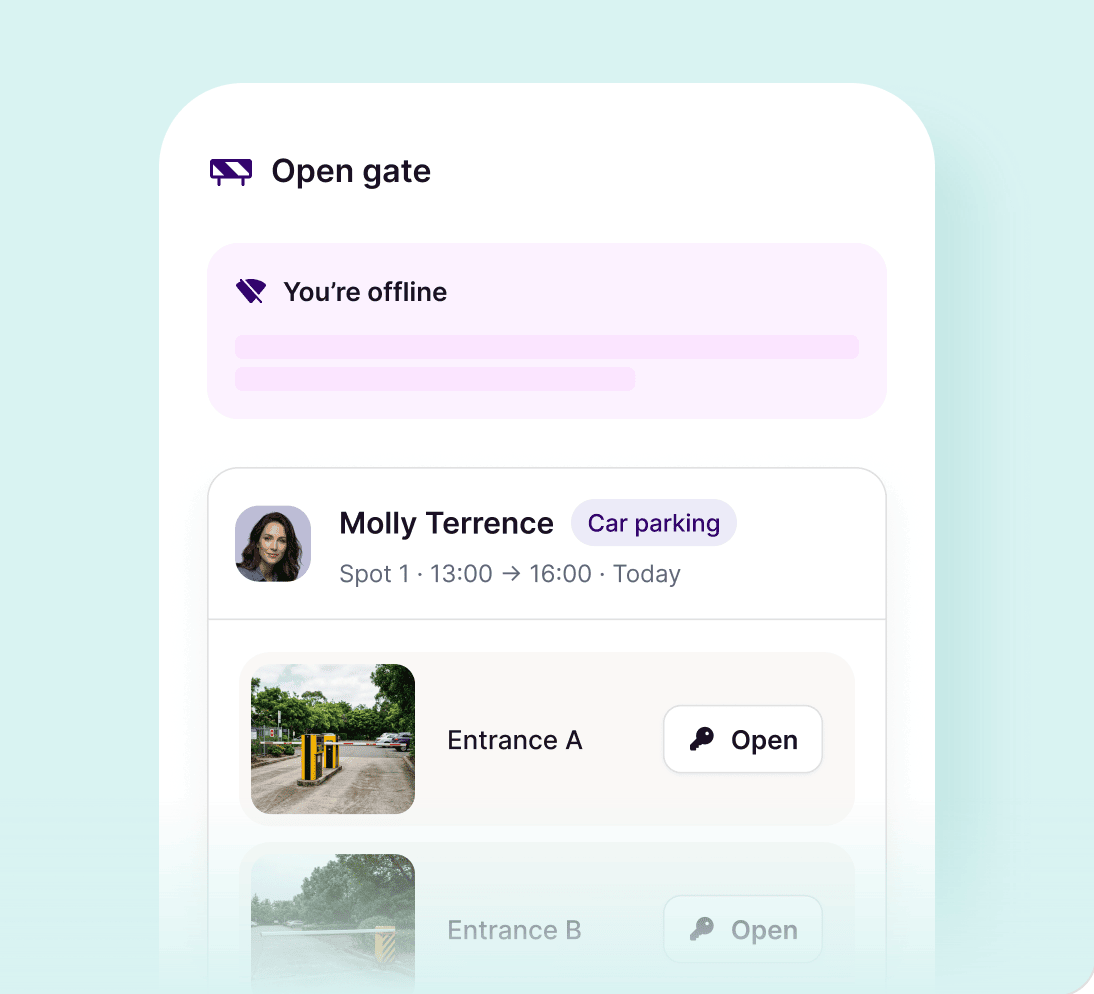 Commuty mobile screen in offline mode, still letting a driver open the car park entrance