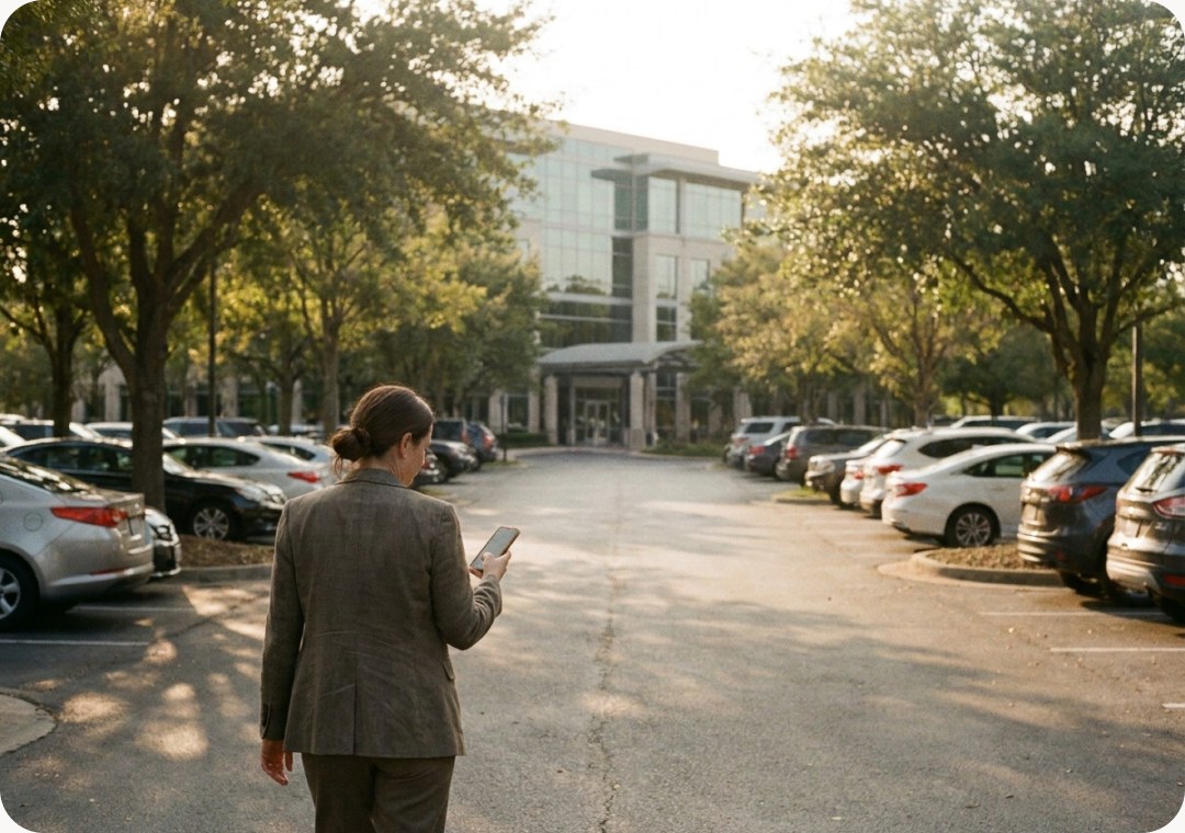 A woman walking across an office car park towards the building, checking her phone