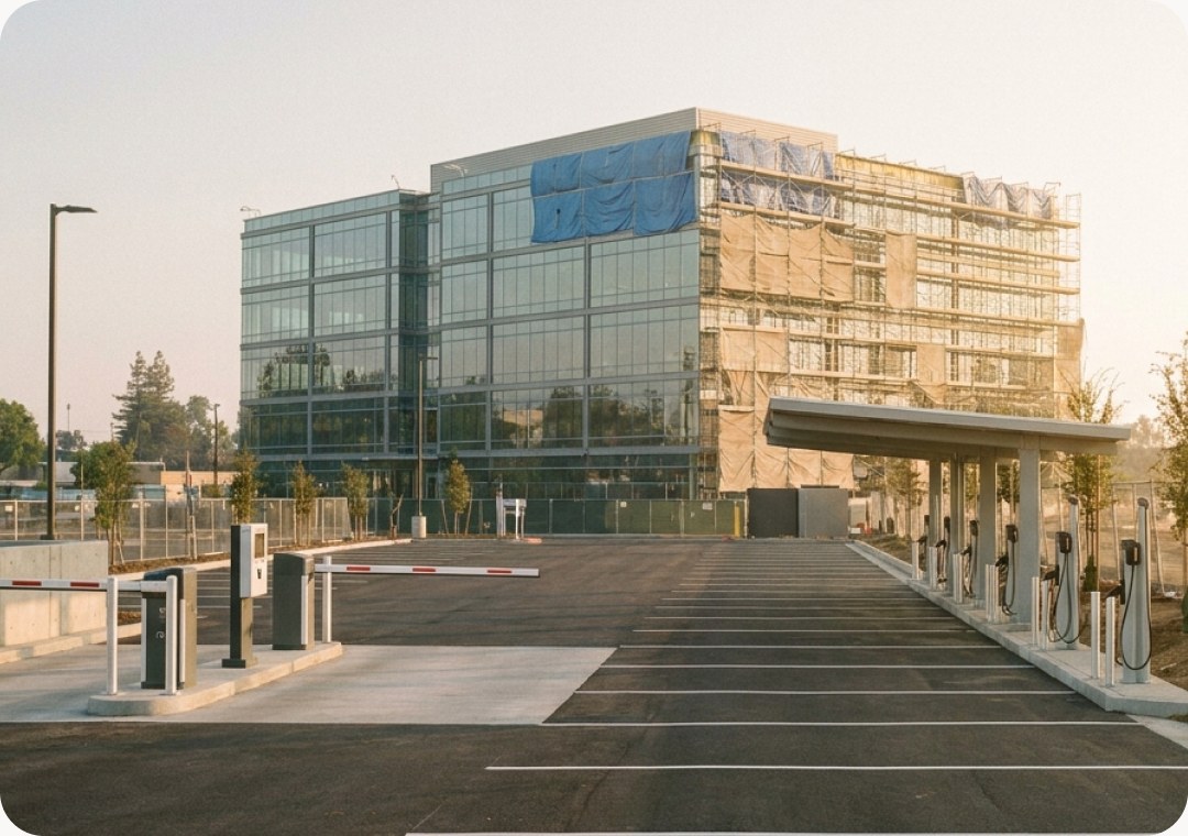 A new office building nearing completion, with a car park fitted with barriers and EV charging points in front