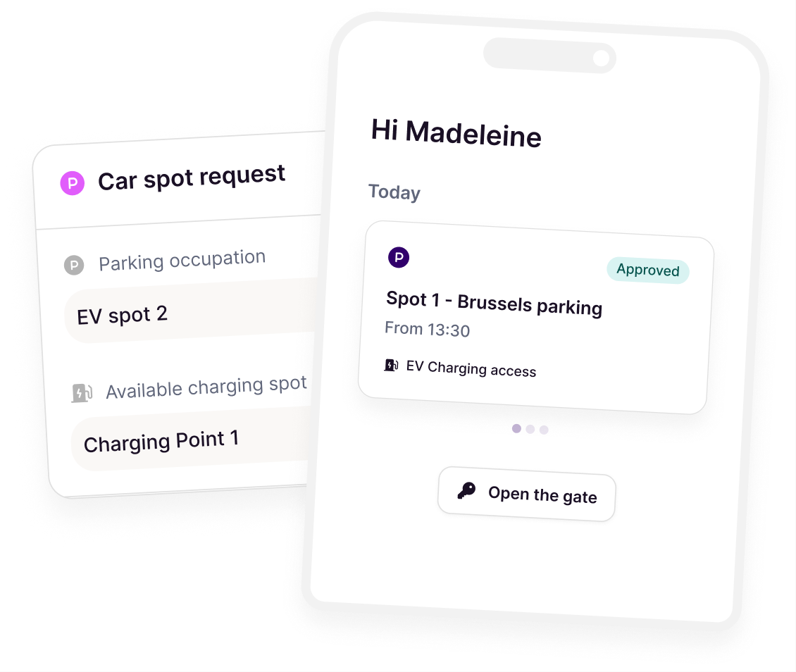 User interface on a mobile device showing a parking spot request for EV charging with details including spot name, time, and an approved status, along with an option to open the gate.
