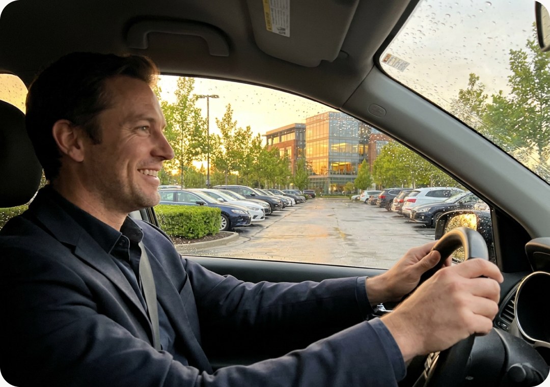 Smiling driver arriving at an office building car park