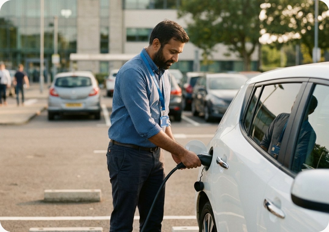 Employee plugging an electric car into a charging point in a company car park