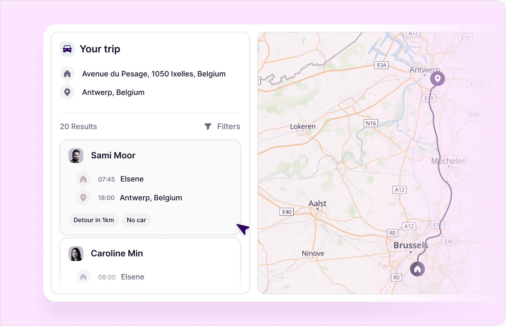 Commuty mobility and EV screenshot: matching trip