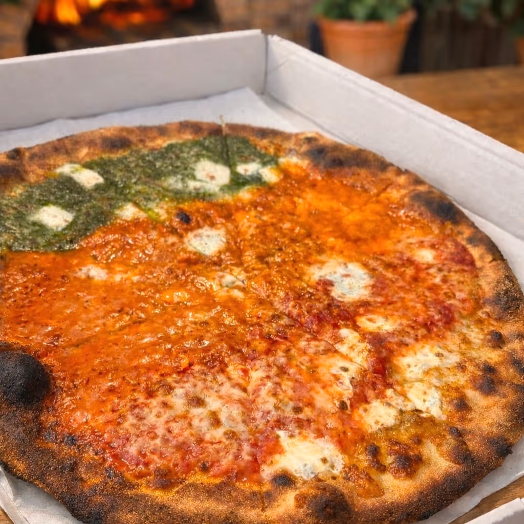 Thin crust pizza with tomato sauce, mozzarella, and pesto sauce in a white pizza box.