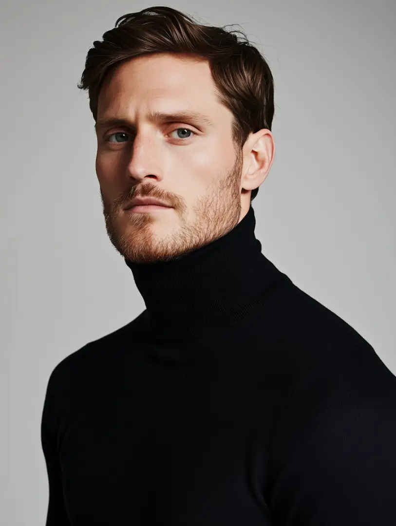 Portrait of a man with short brown hair and beard wearing a black turtleneck sweater.