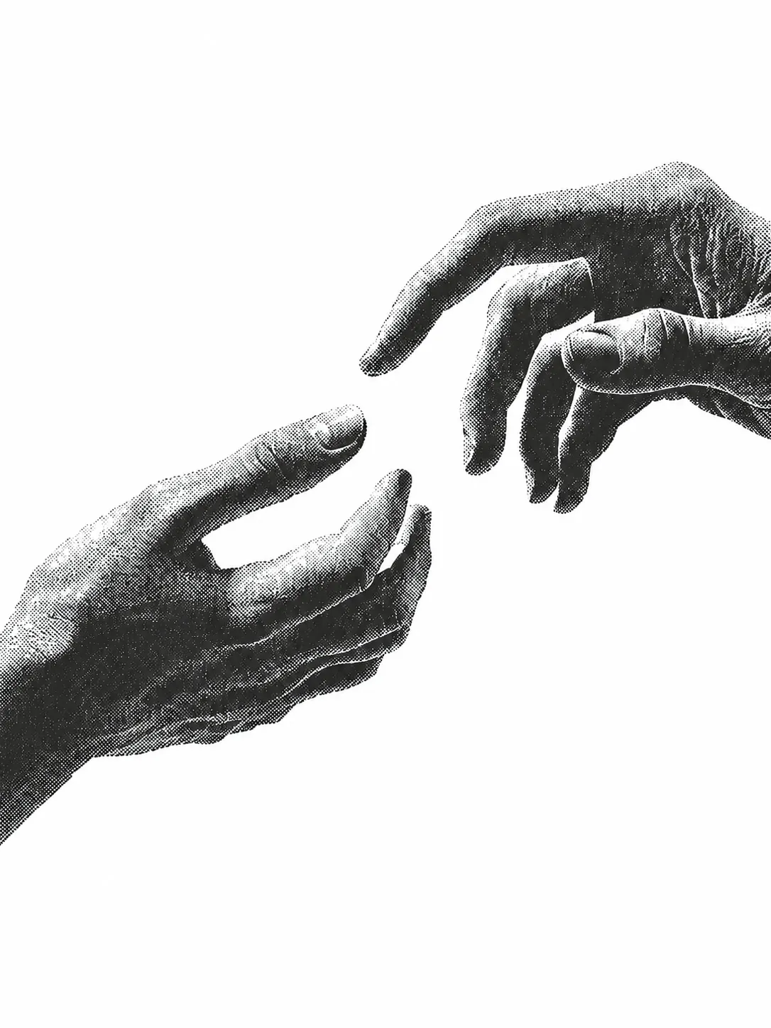 Black and white vintage style illustration of two hands almost touching.