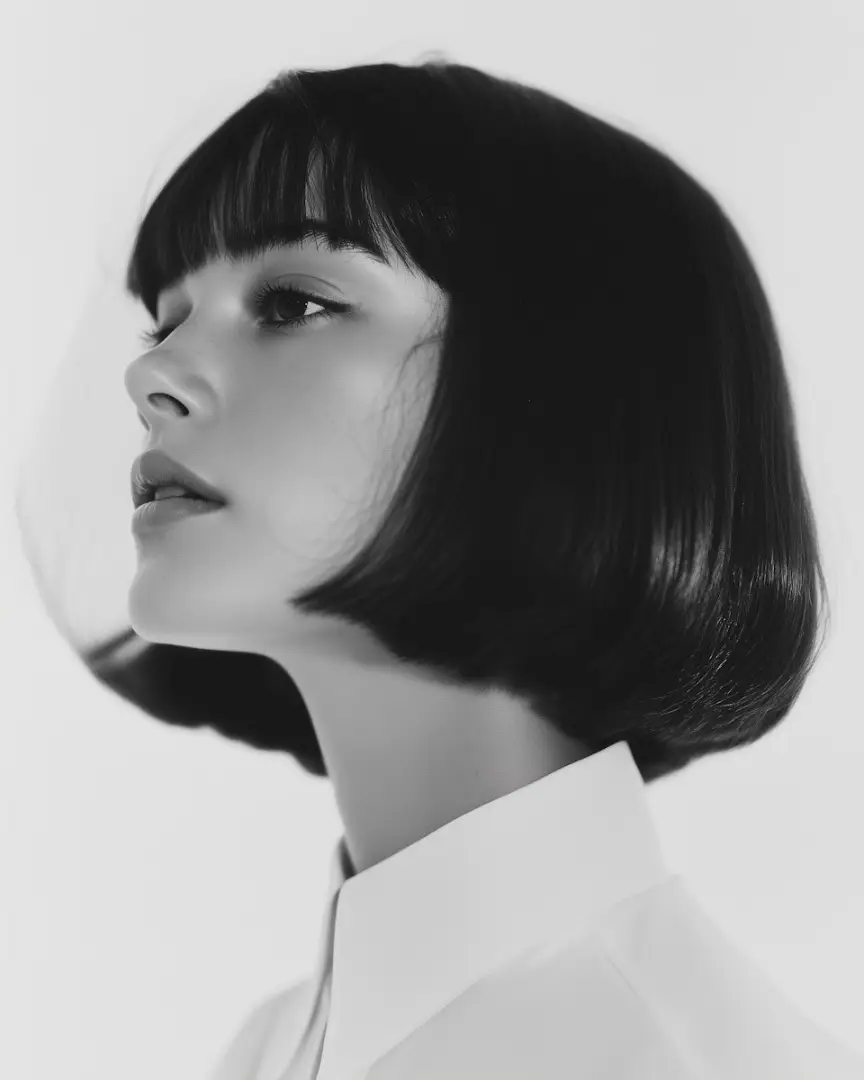 Woman with dark bob haircut in profile view looking upward in black and white