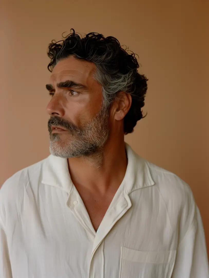 Middle-aged man with graying curly hair and beard looking thoughtfully to the side