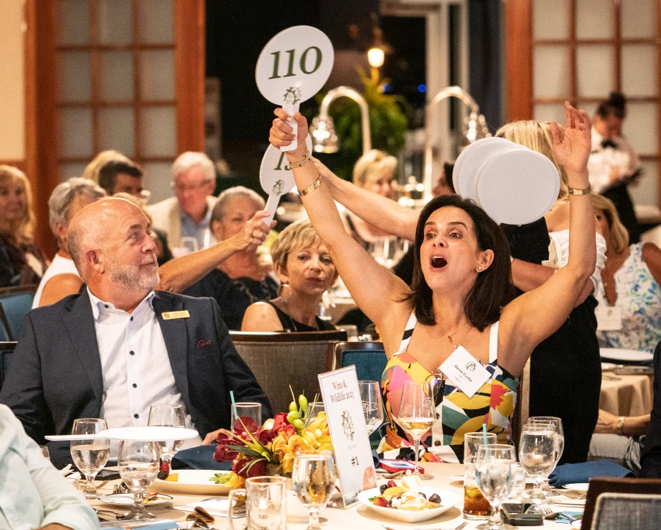 Woman excitedly raising bidding paddle at a charity auction dinner event with guests seated around.