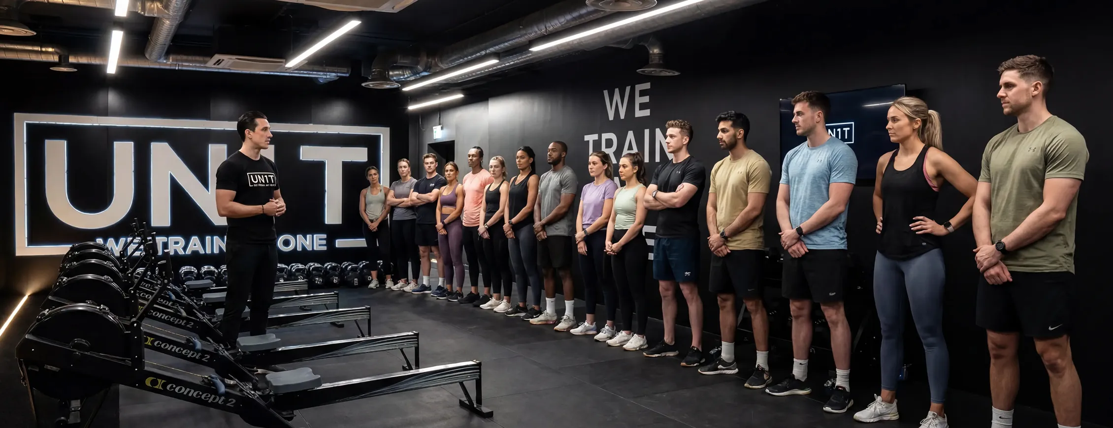 Group of people standing in a gym, listening to a trainer near rowing machines and black walls with UNIT logo.